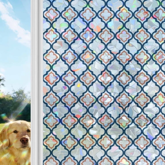 White Orange Moroccan Window Privacy Film Stain Glass, Reusable Decorative Rainbow Window Film, Geometric Abstract Art Non-Adhesive Static Cling Sun Blocking Stickers Decals Covers 23.6" x 59" (2pcs)