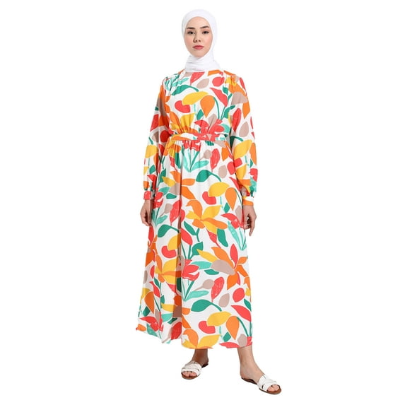 White - Orange - Multi - Crew neck - Unlined - Modest Dress - Benin