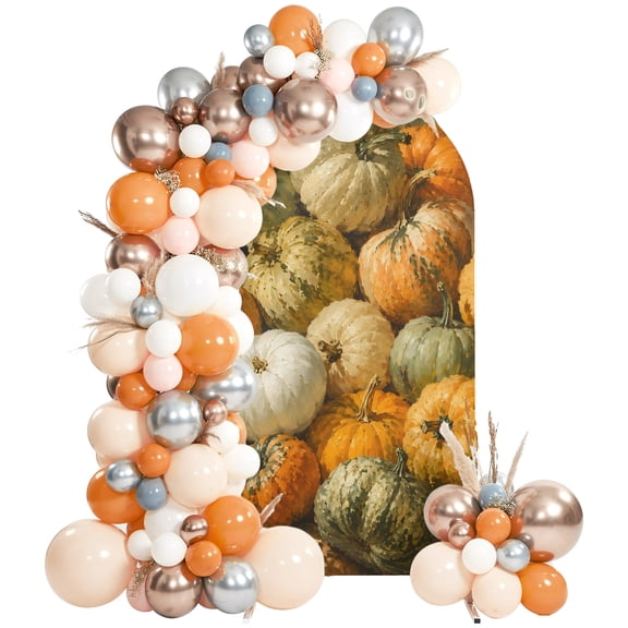 White Orange Pumpkins Arch Backdrop Cover 6.6Ft, Wedding Arch Covers Stretchy Backdrop, Fall Thanksgiving Rustic Farmhouse Fitted 2 Sided Arched Photo Background for Birthday Party Decorations