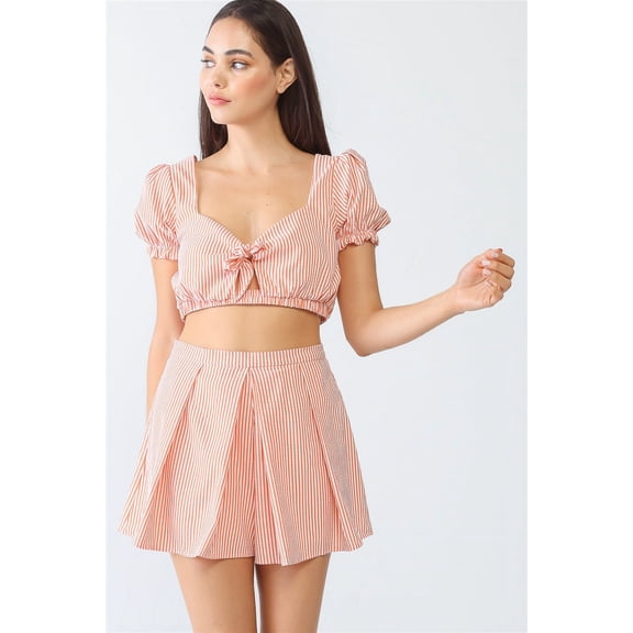 White & Orange Stripe Print Self-tie Short Sleeve Crop Top & High Waist Shorts Set
