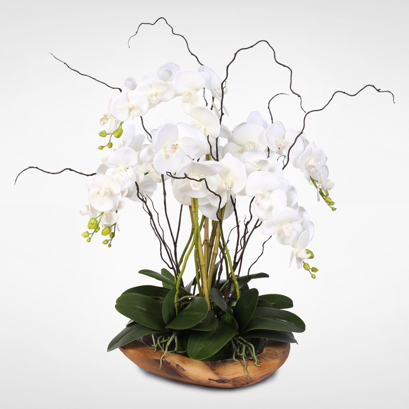 Elegant White Silk Orchid Arrangement in Natural Teak Bowl