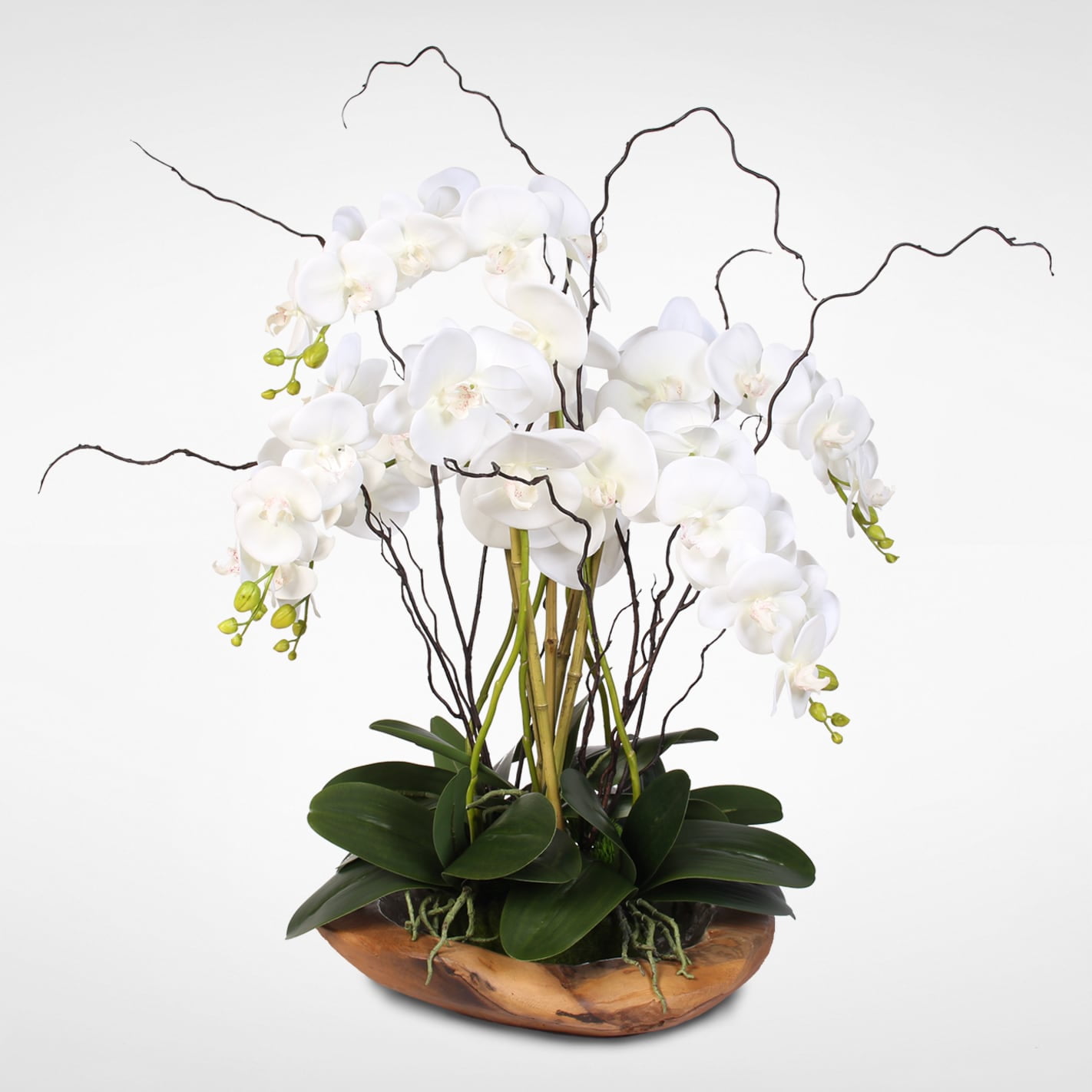 Elegant White Silk Orchid Arrangement in Natural Teak Bowl