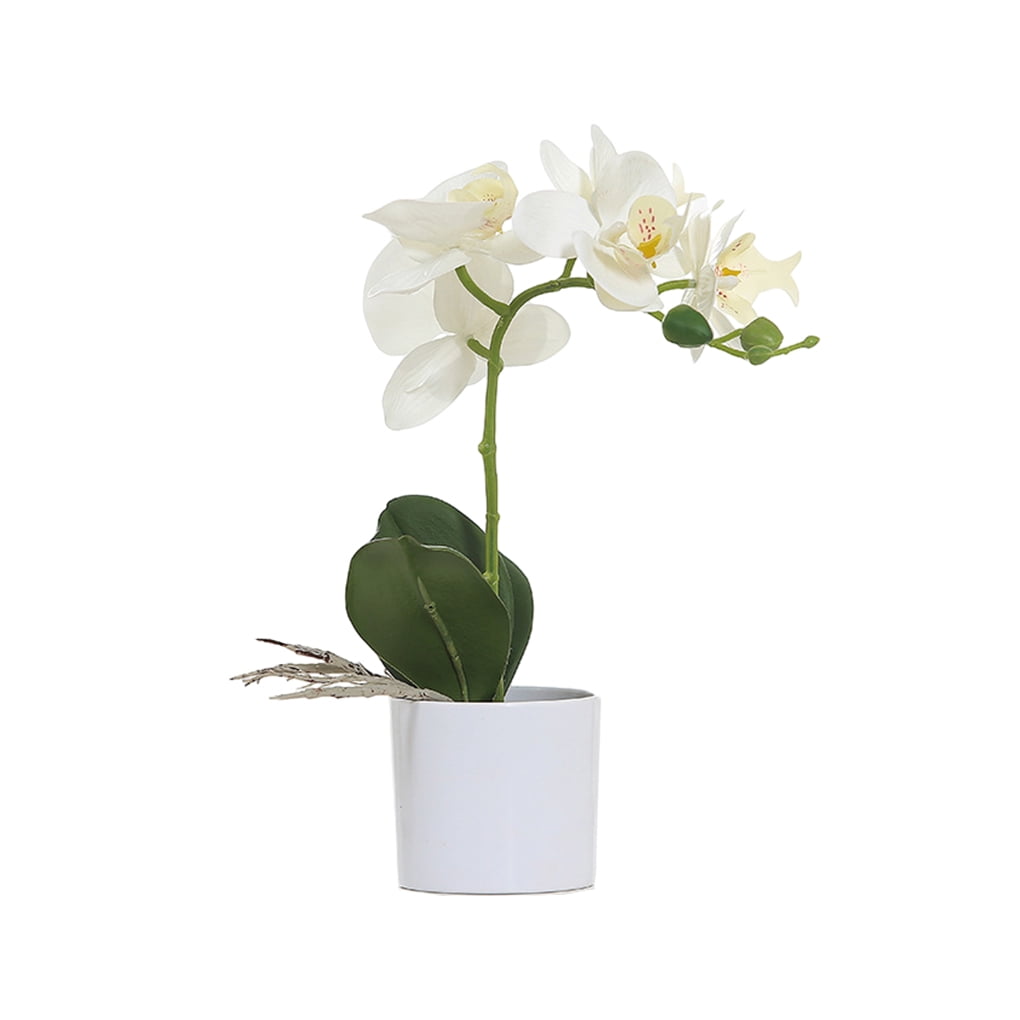 Omygarden Fake White Orchid Flowers In Pot - Realistic PU Artificial Plants For Home Decor