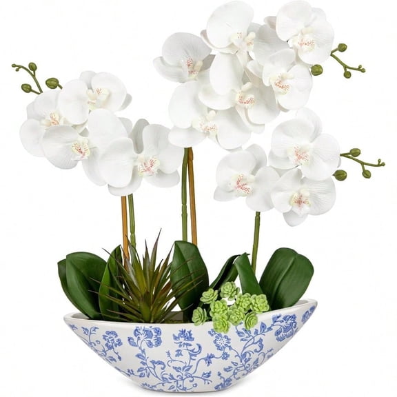 White Orchid Fake Flowers 17in Artificial Orchid Silk Flowers in Blue and White Ceramic Pot Faux Orchid Arrangement for Home Office Bathroom Dining Table Modern Decoration