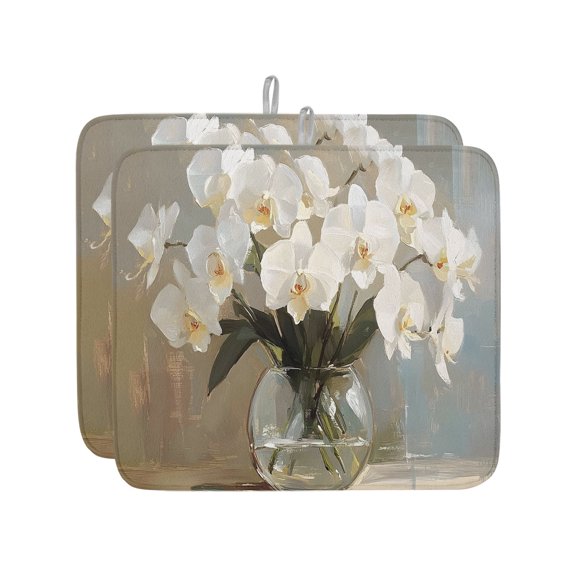 White Orchids Dish Drying Mat 16x18 inch Glass Vase Floral Elegant Super Absorbent Microfiber Dish Drying Pad for Kitchen Countertops Sink Dish Drainer Racks Coffee Bar Mats 2 Pack