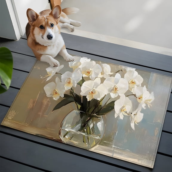 White Orchids Small Area Rugs 2x3 Glass Vase Floral Elegant Entryway Rugs Washable Door Mat, Low-Profile Area Rugs Non Slip Floor Carpet for Living Room Bedroom Home Office