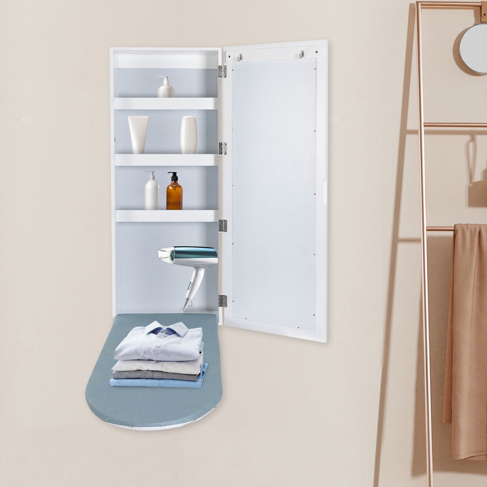 White Organizer Wall Mount Ironing Board Cabinet with Storages and ...