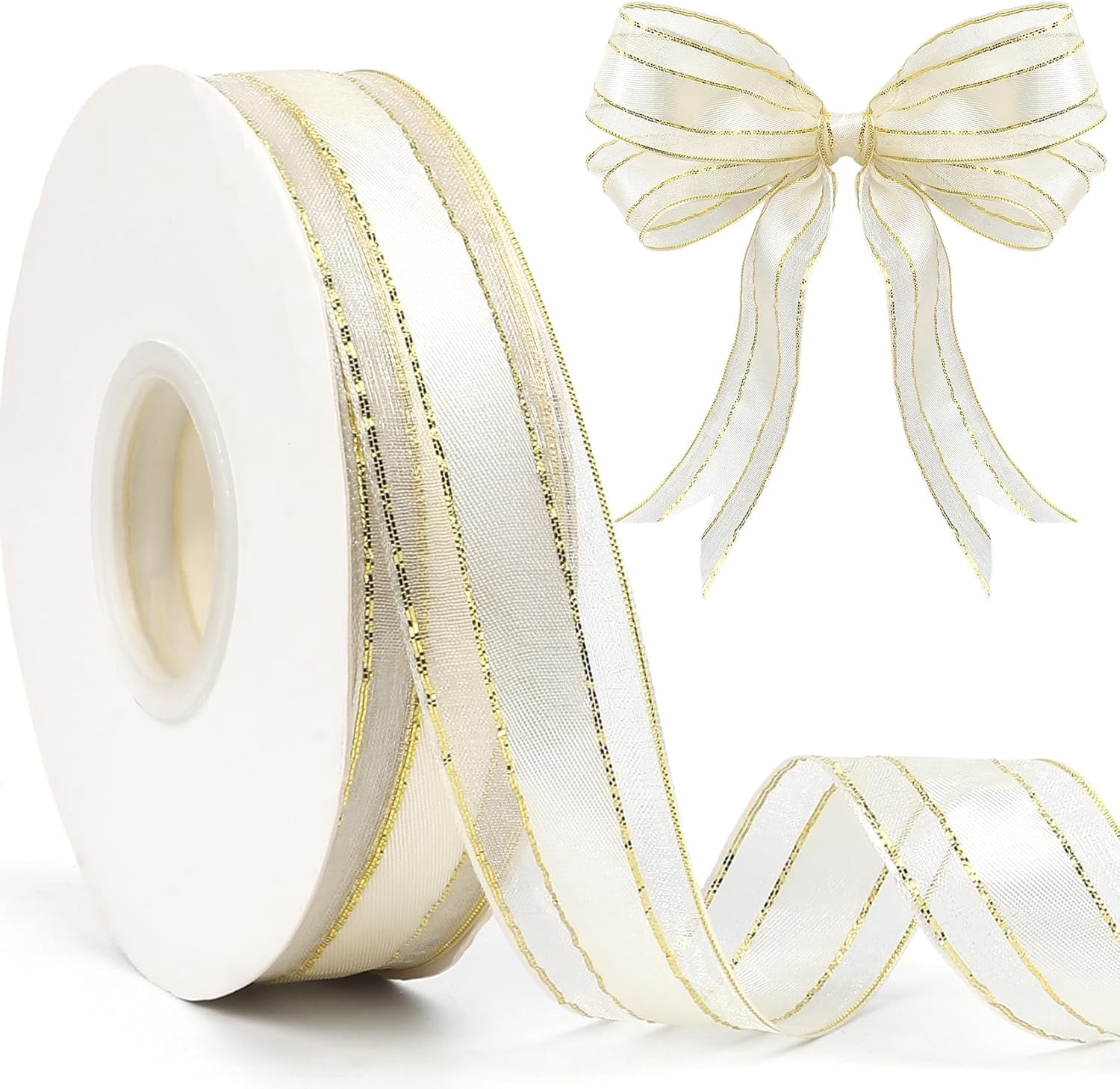 White Organza Ribbon 50 Yards 1 Inch Gold Edge Sheer for Gift Wrapping DIY Craft Christmas Tree Wedding Party Decoration Flower Bouquet Hair Bow Making Ribbons