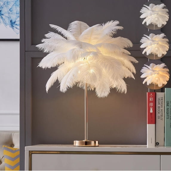 White Ostrich Feather Lamp,3-Color Temperature Modes,40 Feathers and 5 ...