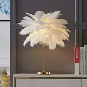 White Ostrich Feather Lamp Modern Bedside Lamp, Bedroom Table Lamp Home Ofice Bedroom Pink Lamp Golden Base