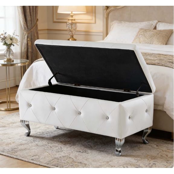 White Ottoman Bench with Tufted Design | All-in-One Leather Bench for Bedroom Use, Rectangular Foot Bed Storage Bench