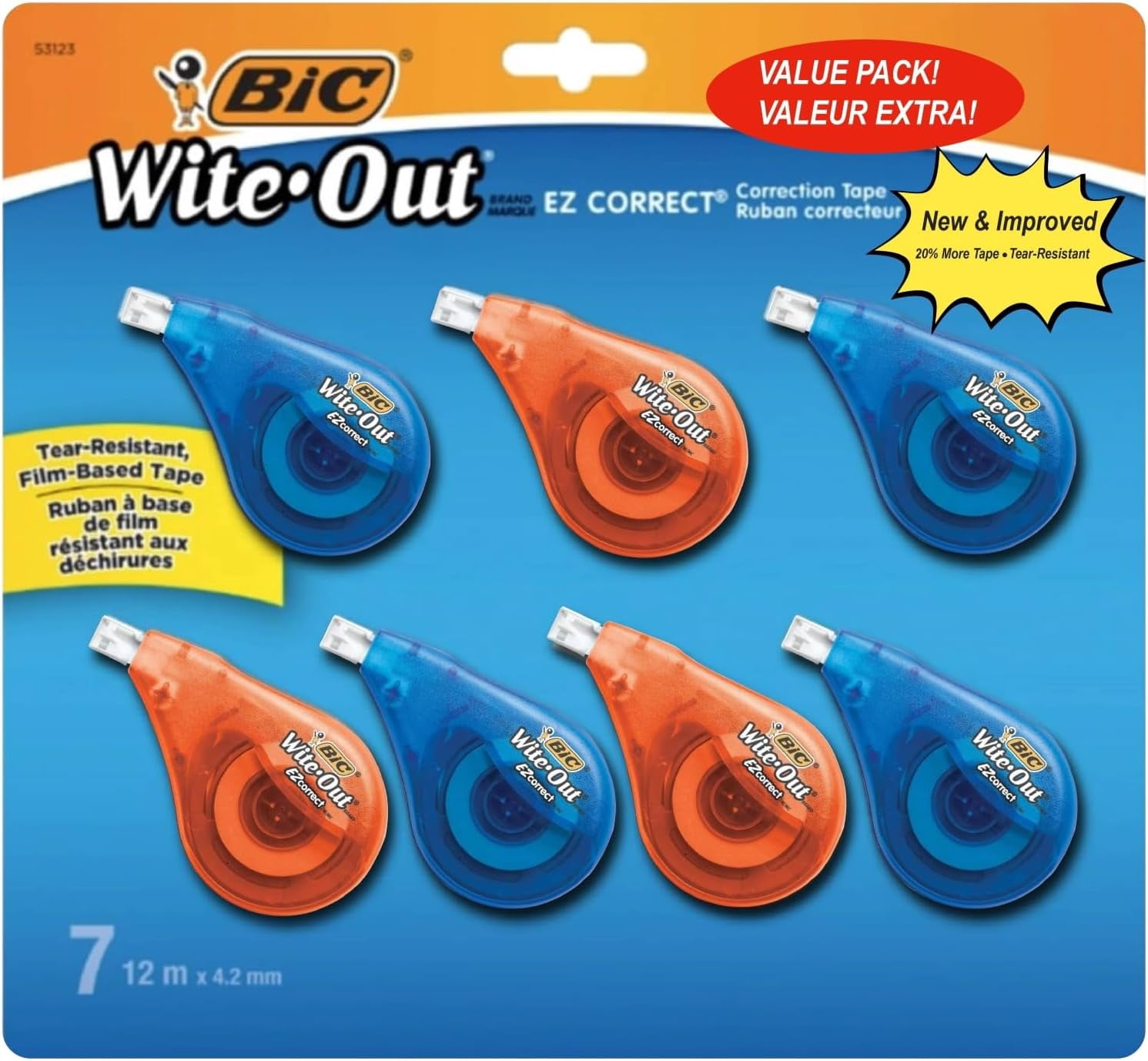 White Out Tape- Tear Resistant, Clear Dispenser EZ Correct Correction Tape - 39.3 Feet Each - Pack of 7