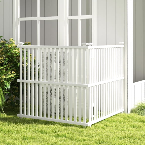 White Outdoor Air Conditioner Fence Panel with Metal Stakes, PVC Privacy Screen