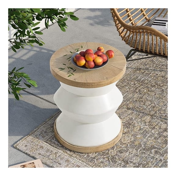 White Outdoor Side Table, 14" W Concrete Side Table Accent Table, Round Marble Drum Side Table, Garden Stool Plant Stand End Table for Patio, Deck, Poolside