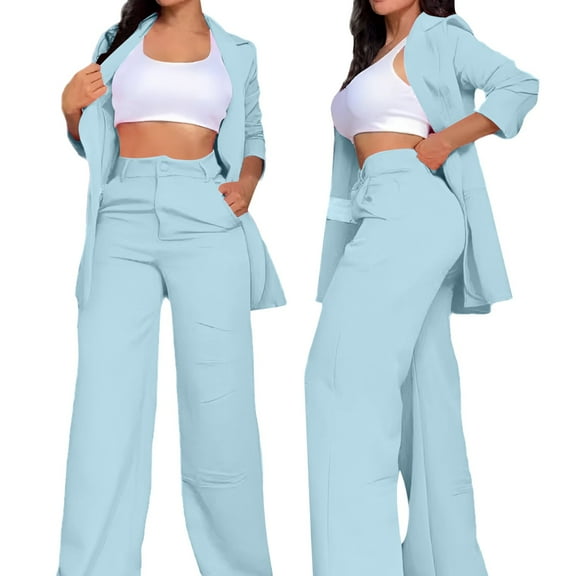 White Outfits for Women Open Toe Women Business Casual Set Classic Fit Suit Pant Ladies Dress Suit Wedding Dress Suits Ladies Elegant Solid Color Open Sleeve Lapel Straight Leg Trouser Blue M
