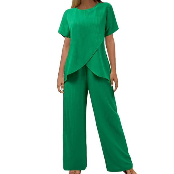 White Outfits for Women A Two Piece Short Sleeved Round Neck Loose Casual And Irregular Formal Pants Women Petite Two Piece Pantsuit Jumpsuit Outfit Wedding Guest Formal Pants Suits for Evenin Green M
