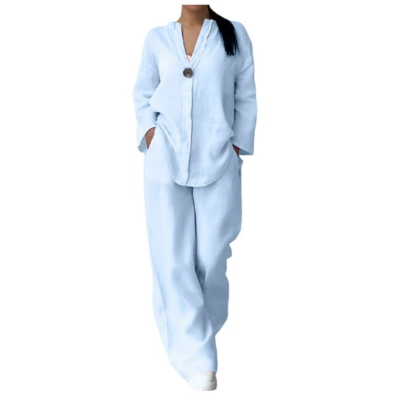 White Outfits for Women Women's Casual Sets Solid Color Button Long Sleeve Shirt High Waist Loose Pocket Pant Two Piece Top And Bottom Set Zipper up Pants Suit for Women Womens Party Pant Suit Blue XL