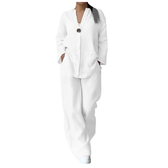 White Outfits for Women Women's Casual Sets Solid Color Button Long Sleeve Shirt High Waist Loose Pocket Pant Two Piece Top And Bottom Set Zipper up Pants Suit for Women Womens Party Pant Suit White M