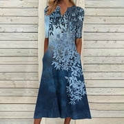 White Outfits for Women with Sleeve,Sriper ,V Neck Short Sleeve T Shirt Dress Cotton with Pockets,Vestidos Floreados Para Mujer,Sundresses,Navy 3X