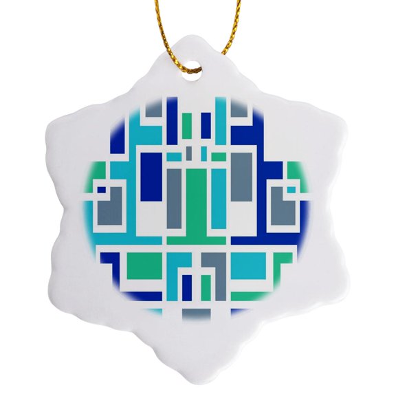3drose, White Outline Geometric Art Deco Style Blue Green Tones, 3 inch Snowflake Porcelain Ornament