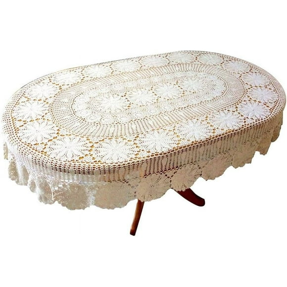 White Oval Crochet Tablecloth Cotton Lace Table Overlays Vintage Wedding/Party Table Decorations, 63"x86.6"