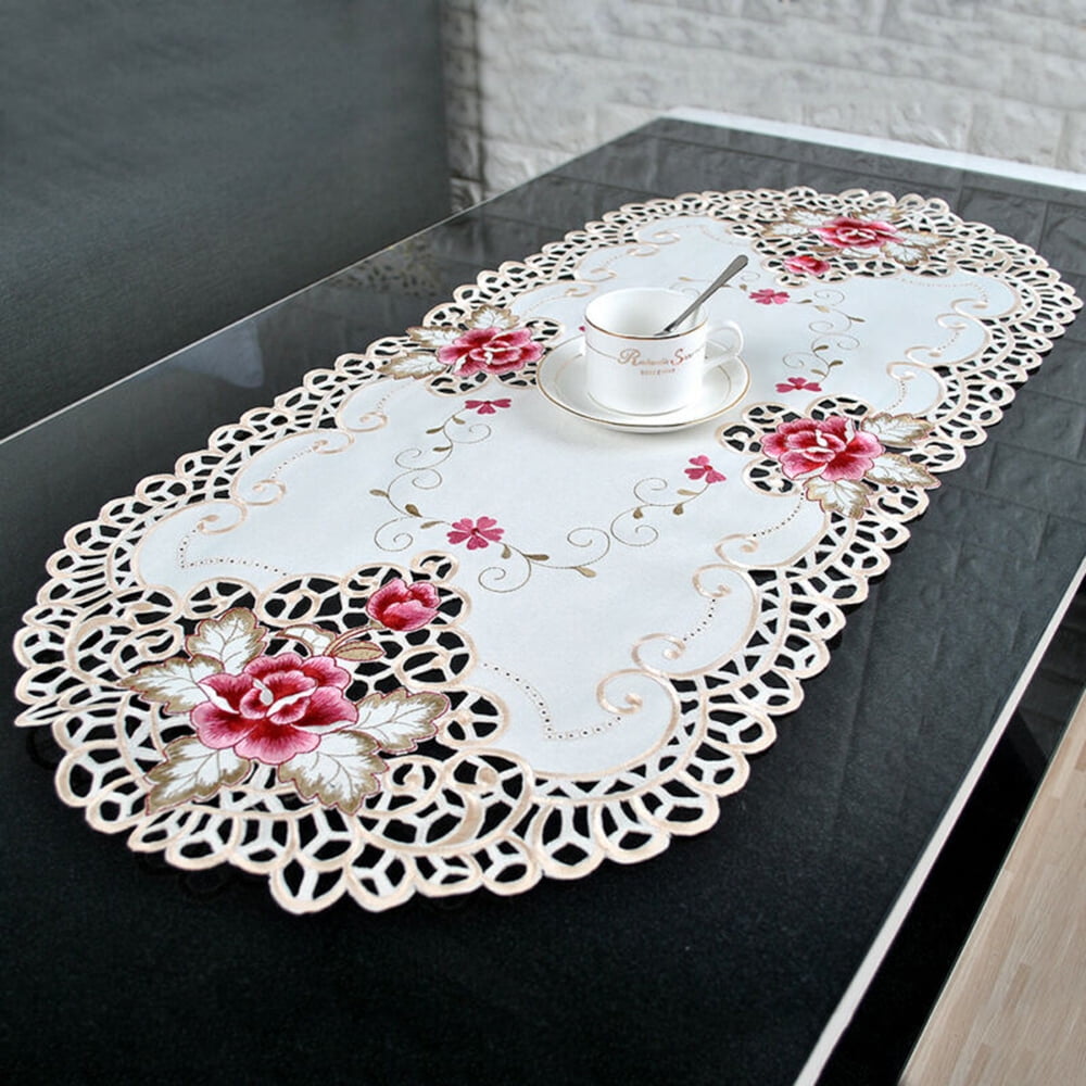 White Oval Lace Tablecloth Doily Embroidered Floral Small Table Cover