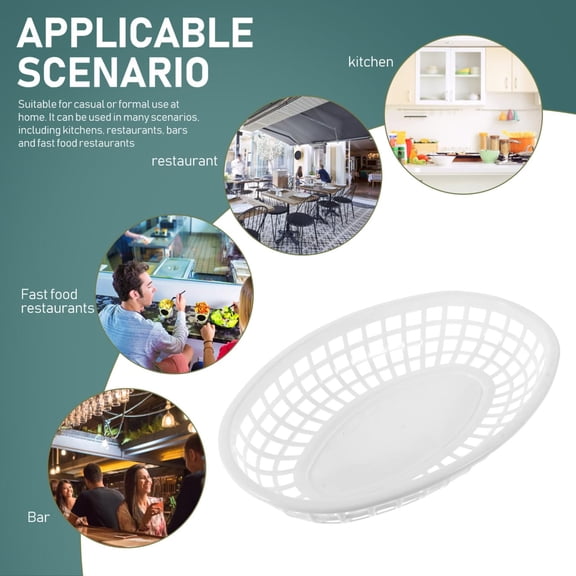 White Oval Plastic Food Basket 9.44 X 6.1 X 1.77 Inch Reusable Snack Tray for Burgers Hot Dogs Chips and Fruits