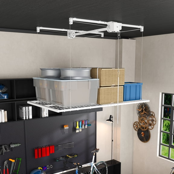 White Overhead Garage Storage Rack 4x8 FT for High Ceilings 10-12 FT, 350LBS Capacity All-Steel Construction with Safety Lock (Installation Required,