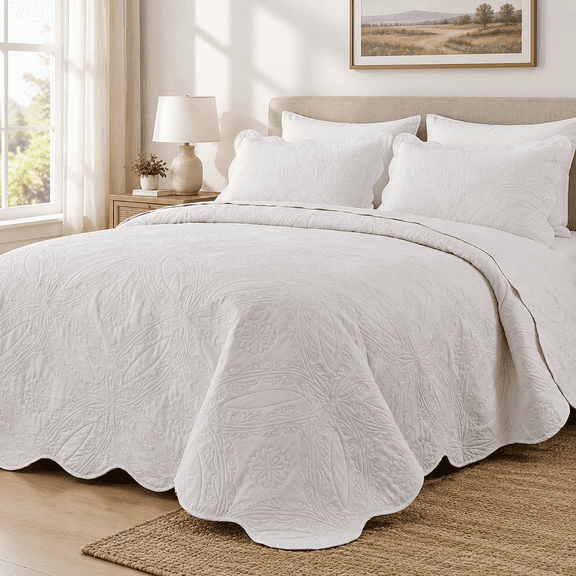 White Oversized King 128x120 Inches Ultrasonic Quilted Bedspread