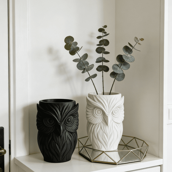White Owl Art Vessel, Ceramic, 5X8 In, Home Decor Living Room, Table Decorations, Modern Living Room Decor, BlackandWhite Living Room Decor, Room Decorations, 1 Pc