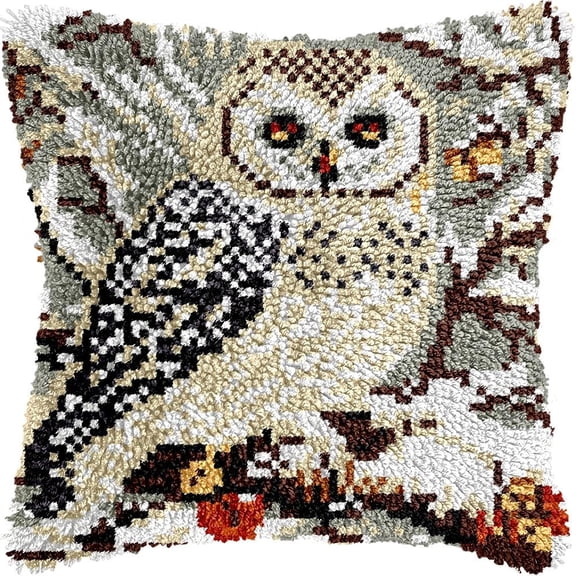 White Owl Bird Latch Hook Kits Pillow DIY Rug Crochet Hook Cushion Making Kits with Preprinted Pattern Canvas Instruction Yarns Pillow Cover Easy Starter DIY Crochet Kits 43x43cm de126)