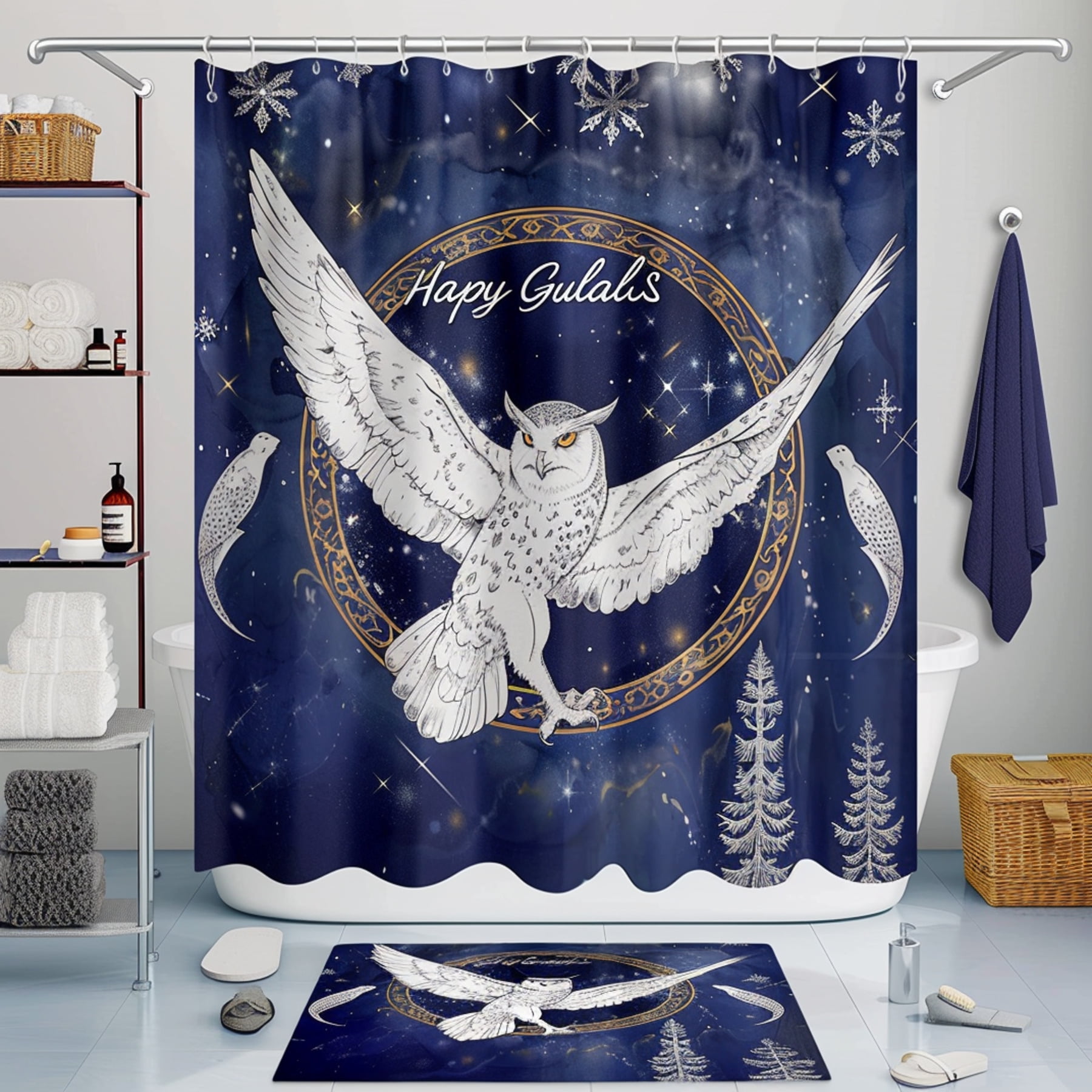 White Owl and Broom Hogwarts Shower Curtain with Happy Gulals Text