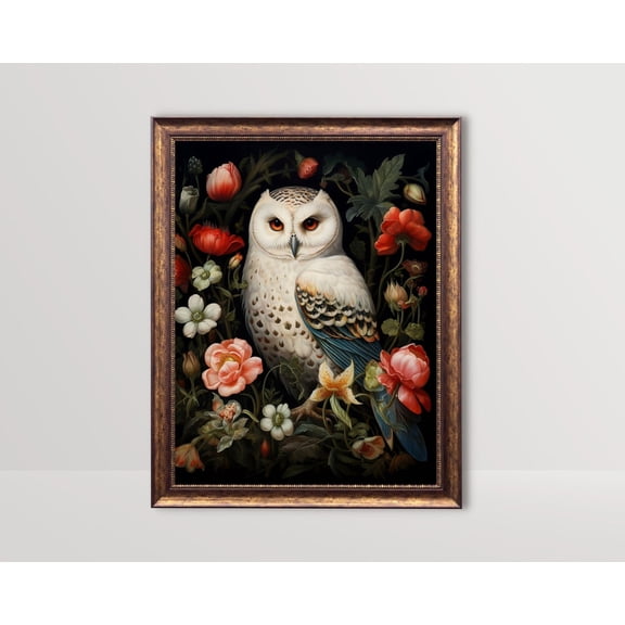 White Owl, Dark Academia Wall Art, Snowy Owl , Gothic Floral Poster, Cottagecore Vintage Witchy Aesthetic Whimsigoth Decor6, Unframed Poster Size 8x12