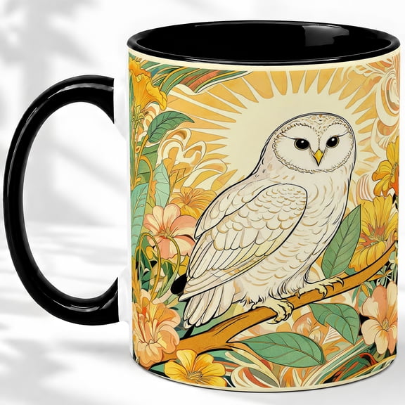 White Owl Floral Sunburst Coffee Mug, Snowy Owl Mug, Morning Tea Cup for Home, Pale Bird on Branch with Yellow Flowers and Green Leaves, Woodland Raptor Art, Wildlife Birdwatcher