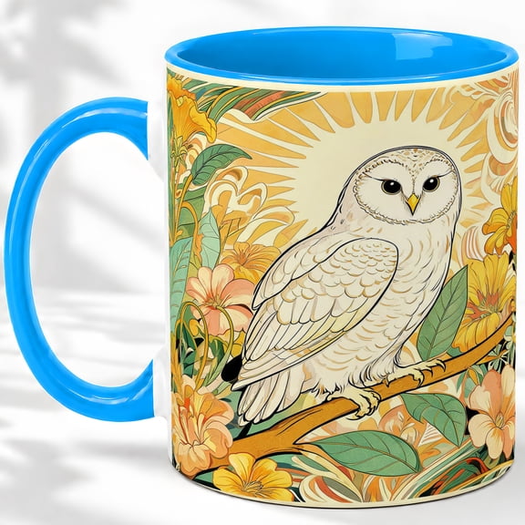 White Owl Floral Sunburst Coffee Mug, Snowy Owl Mug, Morning Tea Cup for Home, Pale Bird on Branch with Yellow Flowers and Green Leaves, Woodland Raptor Art, Wildlife Birdwatcher
