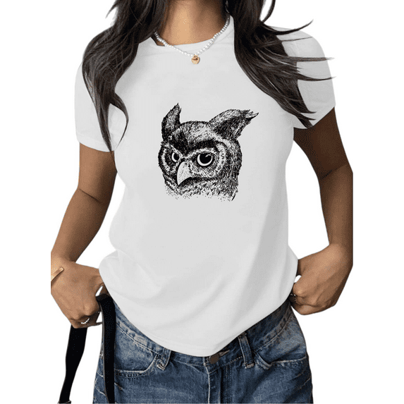 White Owl Head Print Tshirt Animal Lover Graphic Tees Classic Engraved Shirts Short Sleeve Casual Womens S-5XL Tops