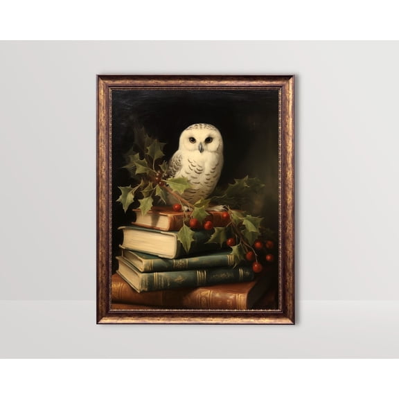 White Owl On Books, Dark Academia Wall Art, Vintage Winter , Cottagecore Decor, Booklover Winter Poster, Gothic, Unframed Poster Size 8x12