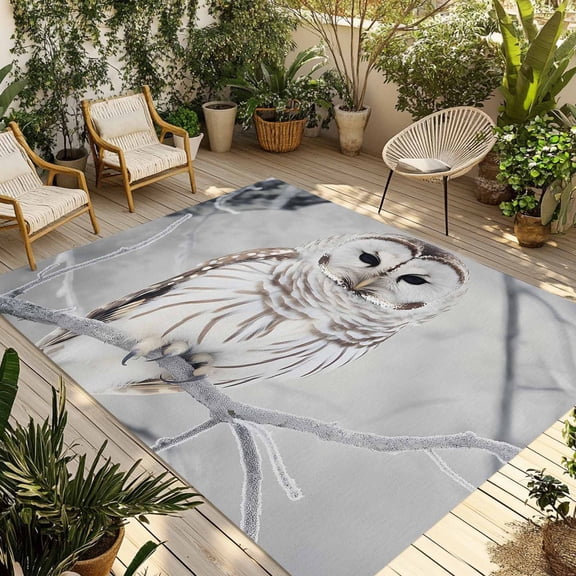White Owl Outdoor Rug 5x8 Ft - Reversible Patio Rug Outdoor Camping Rugs, Farmhouse Animal Birds Tree Branches Washable Indoor Outdoor Area Rugs, Non-Slip Outdoor Carpet Runner for Deck/Porch
