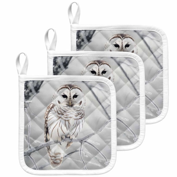 White Owl Pot Holders for Kitchen Heatproof Potholder, 3 Pack Farmhouse Animal Birds Tree Branches Hot Pads Multipurpose Oven Pads Cloth Potholders Trivet for Cooking Baking
