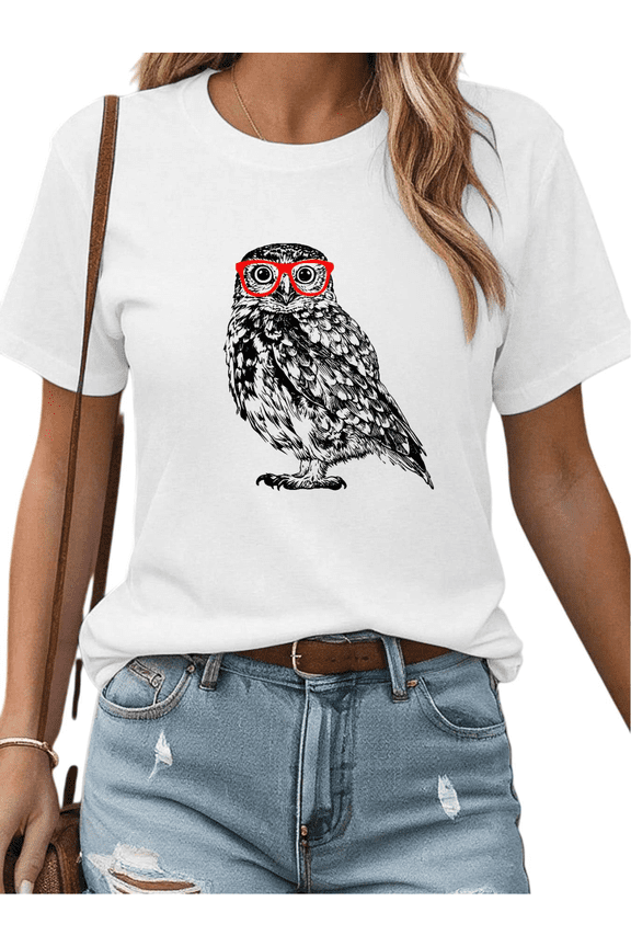 White Owl Print Tshirt Funny Nerd Graphic Tees Animal Illustration Shirts Casual Short Sleeve Womens S-5XL Tops
