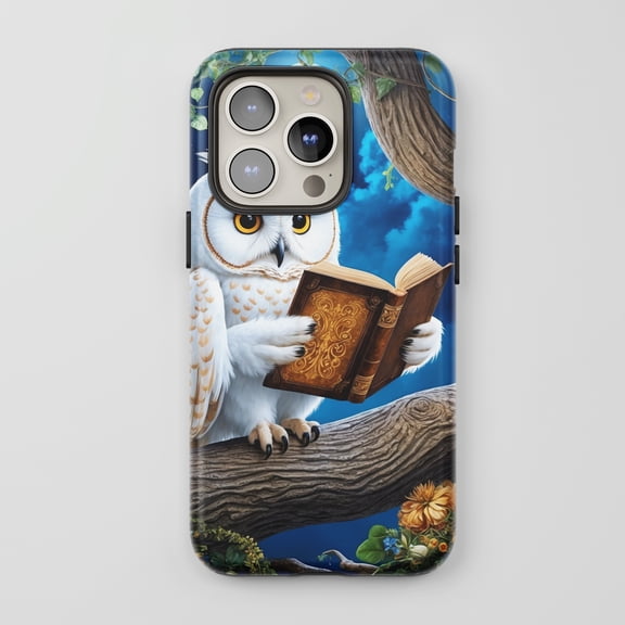 White Owl Reading Book For All iPhone Series Protective Phone Case Fantasy Blue White