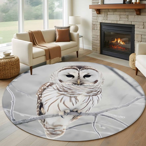 White Owl Round Area Rug 7 FT, Non Slip Living Room Area Carpet, Farmhouse Animal Birds Tree Branches Washable Soft Circular Rug Non-Shedding Floor Carpet for Bedside Office Play Room Classroom