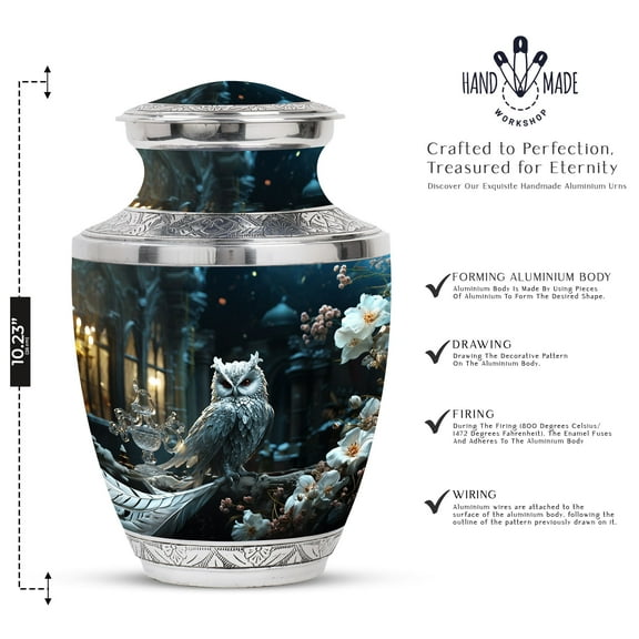 White Owl Sitting White Flower Urn For Human Ashes - Urn For Human Ashes Adult Woman & Men - Urns For Human Ashes Adult - Cremation Urn Human Ashes