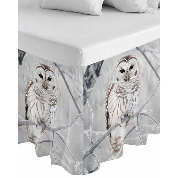 White Owl Wrap Around Bed Skirts for California King Bed 18" Drop,Bed Skirt with Adjustable Elastic Belt Dust Ruffle Bed Valance for Bedroom Hotel Farmhouse Animal Birds Tree Branches Bed Frame Cover