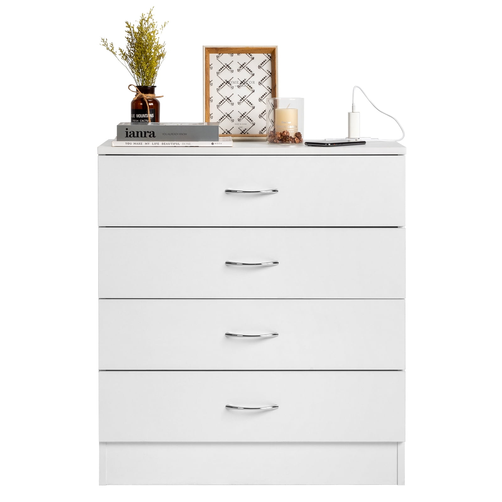 White P2 Level PB Wood Drawer Dresser with Charging Station - Elegant and Functional for Home Decor