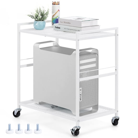 White PC Tower Stand, 2-Tier Rolling CPU Cart with Wheels & Lock for Computer, Printer, Office, Home