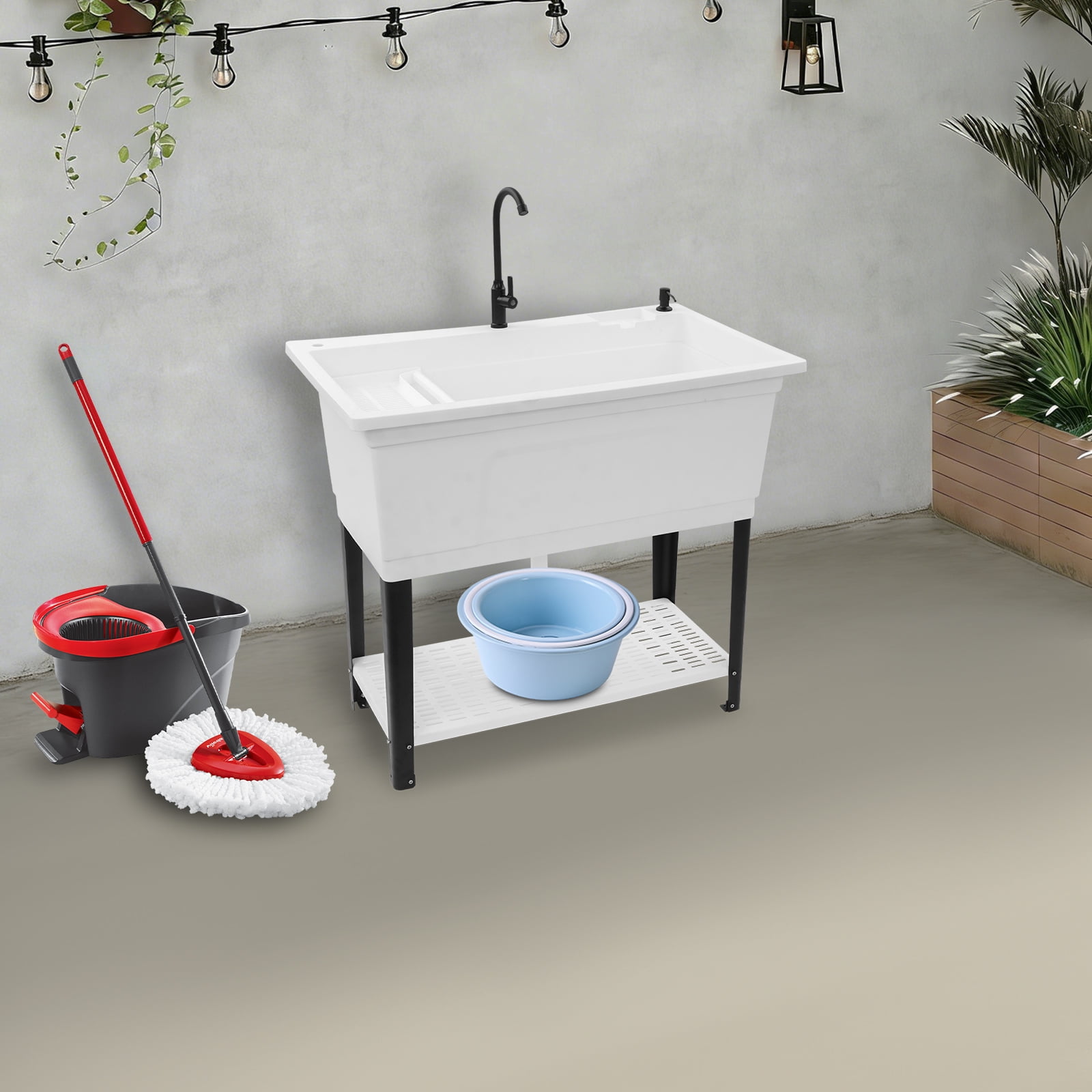 White PP Kitchen Sink 101.4x60x38cm Independent Heavy-Duty Sink Household Multifunctional Drain Basin
