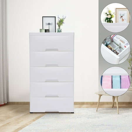 White PP Storage Cabinet Wardrobe 5 Layer Clothes Storage with Removable Pulley 5 Drawers Storage Cabinet with Curved Handle White Dresser Clothes Storage Rack