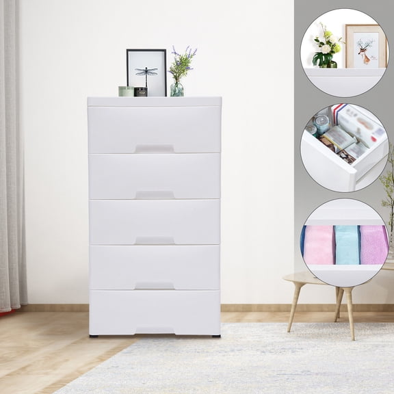 White PP Storage Cabinet Wardrobe 5 Layer Clothes Storage with Removable Pulley 5 Drawers Storage Cabinet with Curved Handle White Dresser Clothes Storage Rack