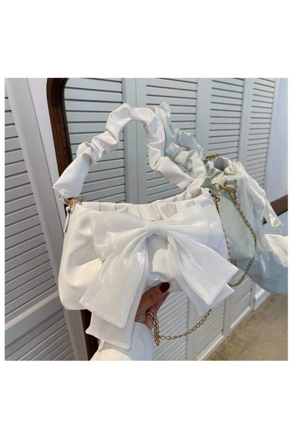 White PU Bow Shoulder Bag With Detachable Chain Strap